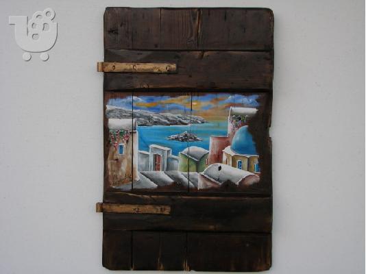 Painting in old wood by Aris Kizir Santorini Greece